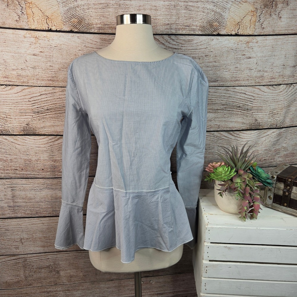 Theory Lexanda 2 Striped Poplin Peplum Top Blue White Bell Sleeve Blouse Size M